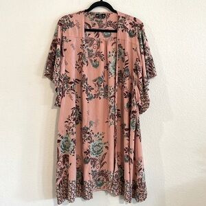 Angie Women’s Cardigan Kimono Small Pink Floral Open Front Longline Bohemian